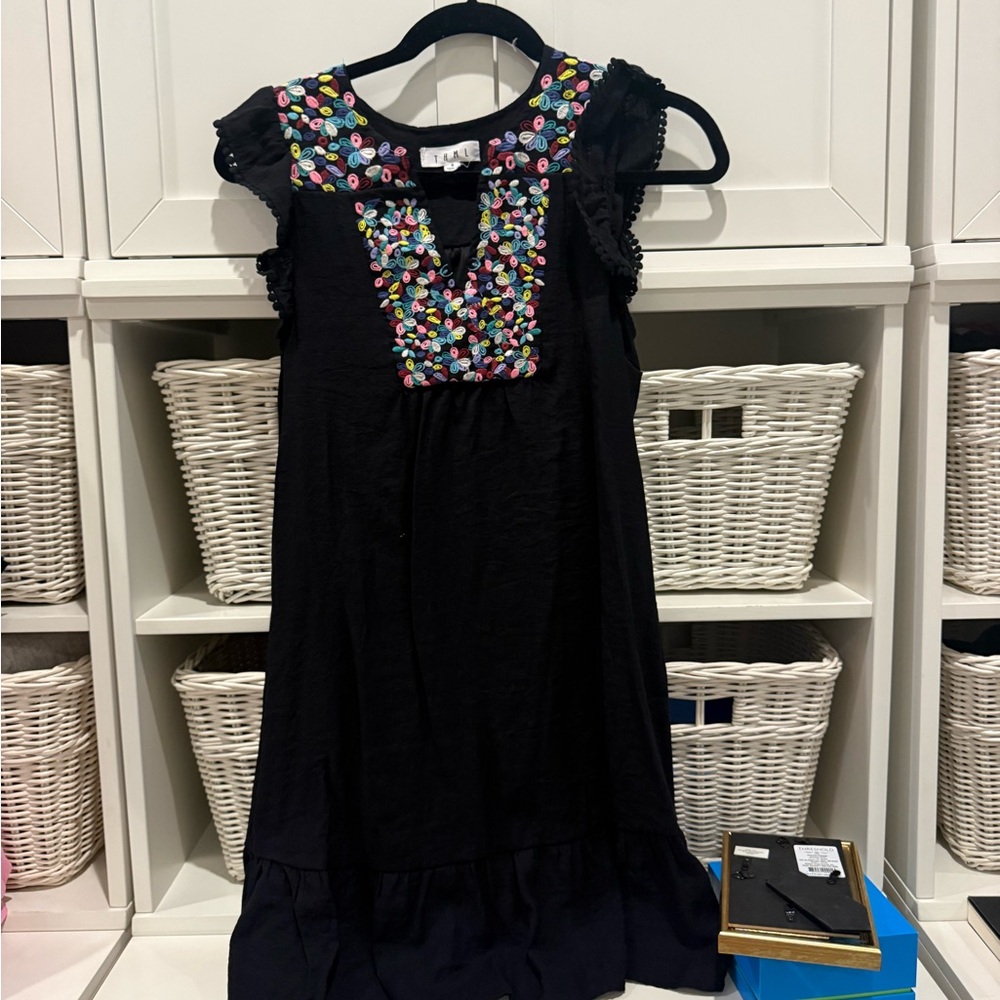 THML Black Mini Dress with Colorful Embroidery